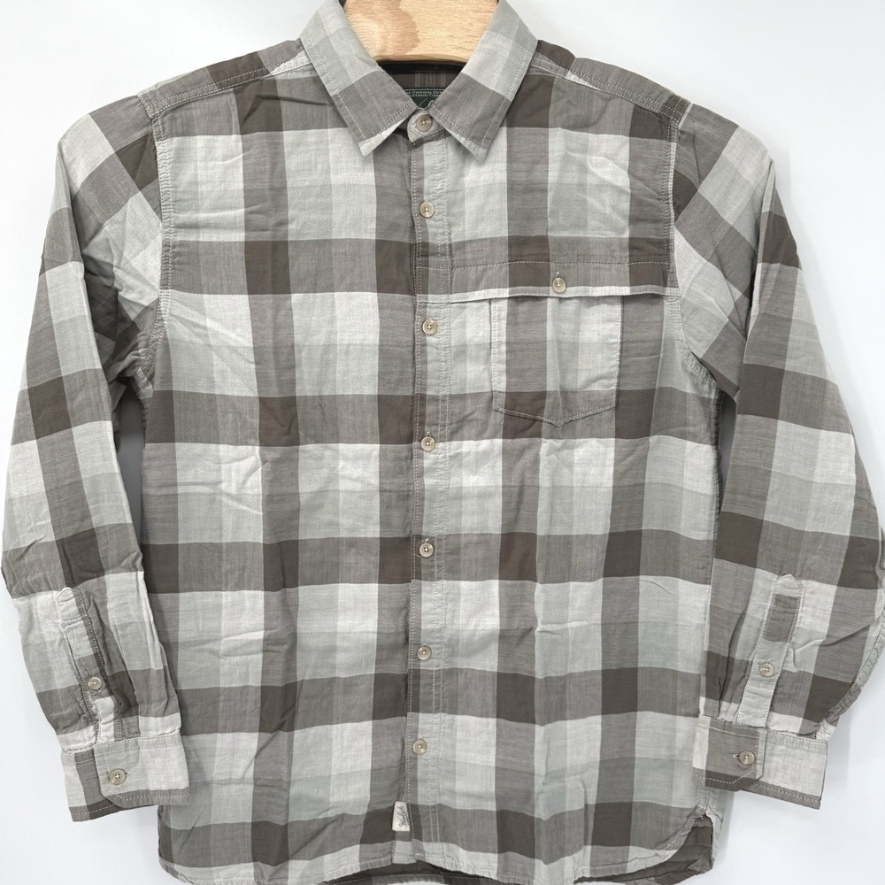 Woolrich Plaid Button Down Mens Large Brown Grey Organic Cotton Modern Fit 6178